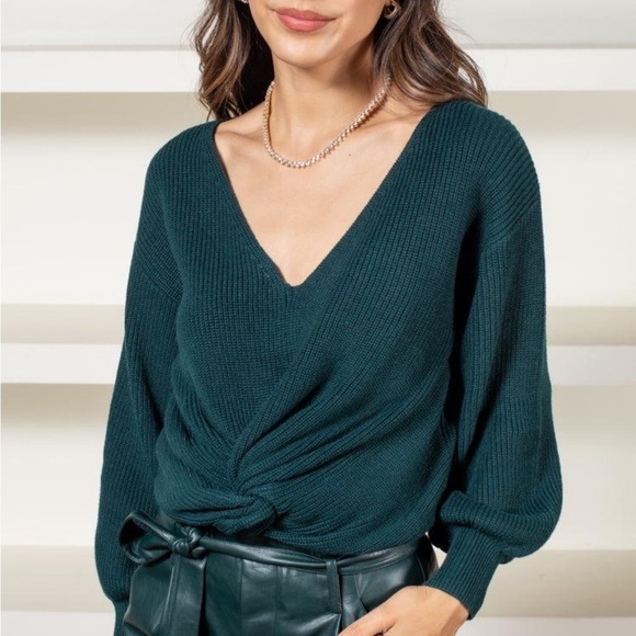 NWOT Lucy Paris Scott VNeck Long Puffed Sleeve Twisted Hem Sweater Green Size XL - Picture 4 of 6